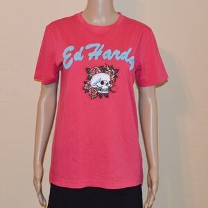 ED HARDY Unisex Hot Pink Skull & Roses Short Sleeve T-Shirt NWT
